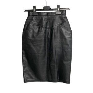 Vintage Leather High Waisted Knee Length Midi Pencil Skirt Black XS